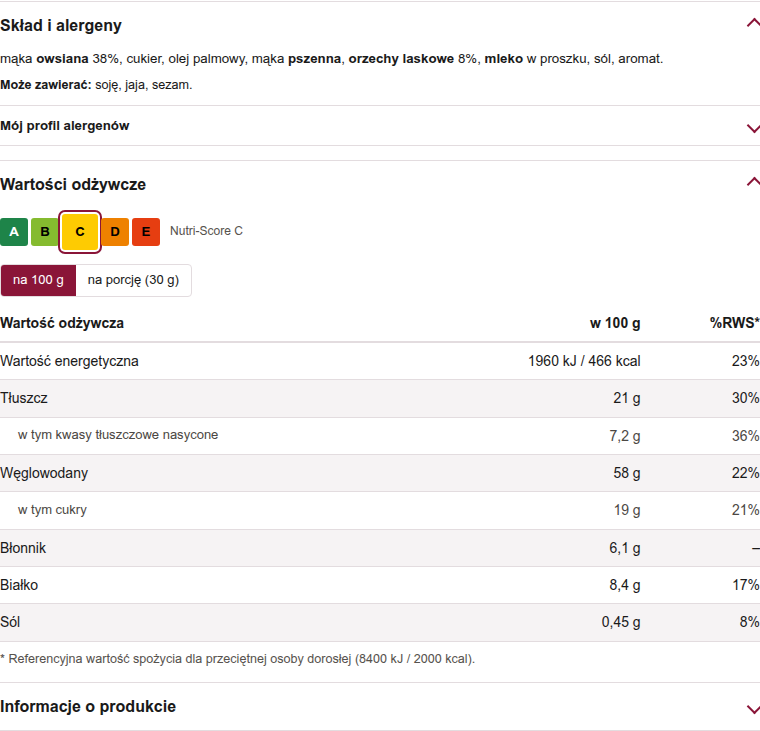 Etykieta GrowNutri na karcie produktu: tabela wartości odżywczych z %RWS, Nutri-Score i alergenami